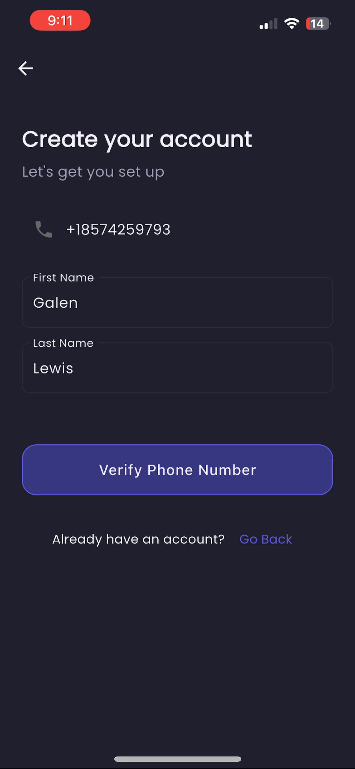 Phone verification step 2 - Create account